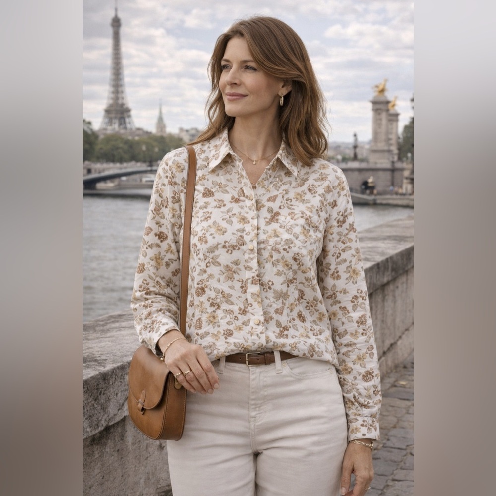 Charles Cotenay Paris Floral Blouse Neutral Botanical Print Classic French Style